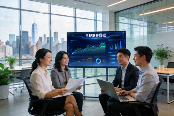 华体会体育公司团队在现代化办公室内协作讨论，背景屏幕显示全球联赛数据